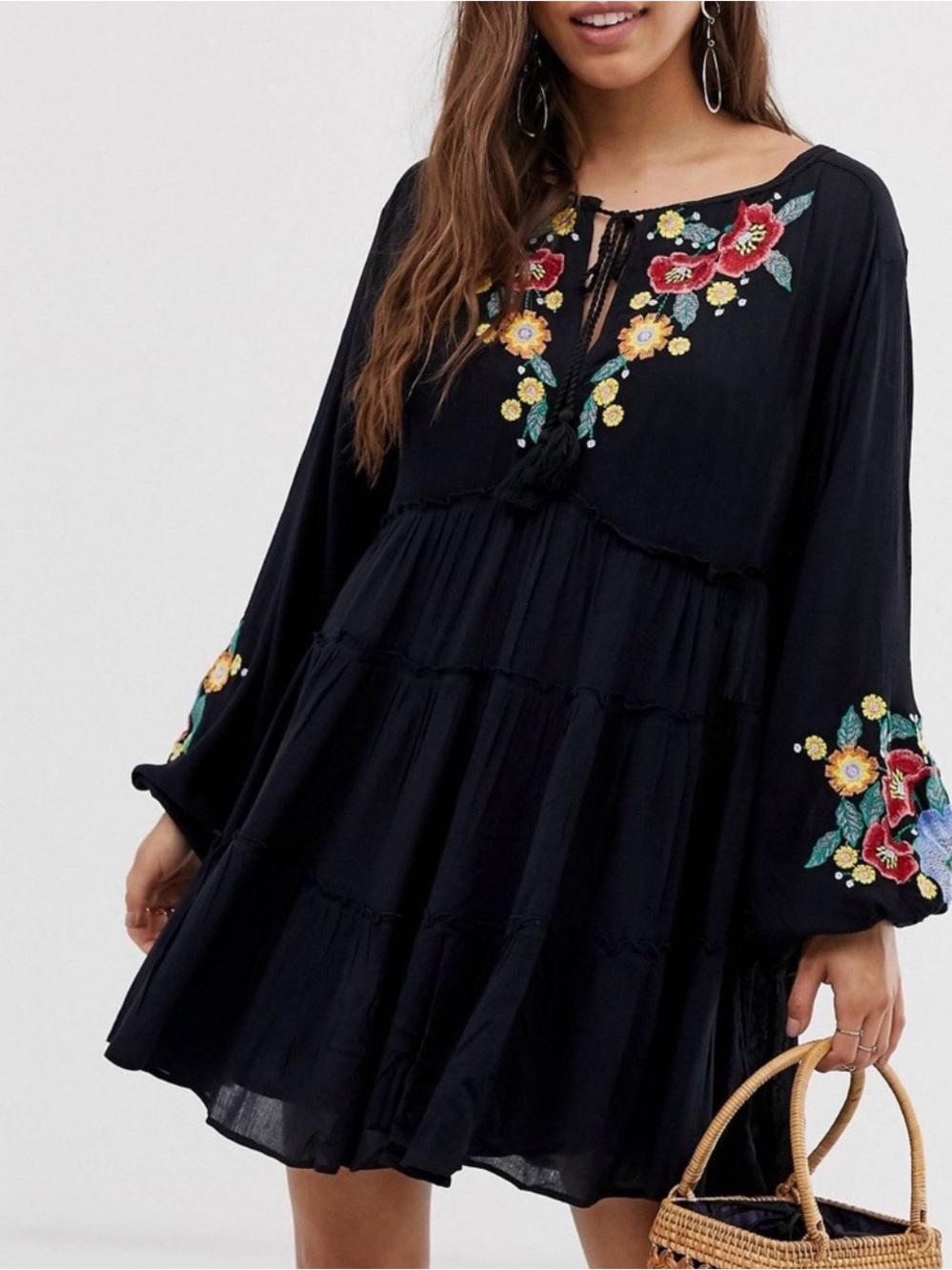 Free People Spell On You Black Embroidered Boho Dress Size Small Long Sleeve